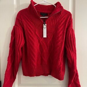 Sanctuary red cable knit quarter zip sweater with puffy sleeves